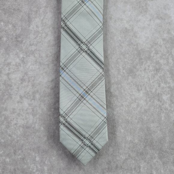 Calvin Klein Grey Striped Plaid Tartan Executive Polyester Silk Neck Tie Men's - Picture 1 of 6